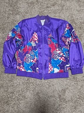 Vintage-Inspired Purple Patterned Bomber Jacket 80S Sz S